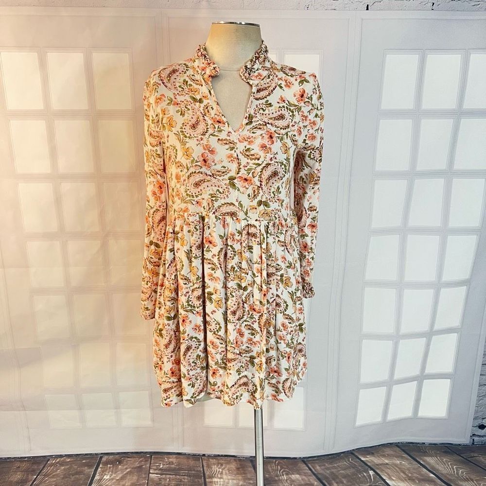 🔥5/$25 sale🔥 Aura long sleeve paisley flowy mini tunic boho dress size XS